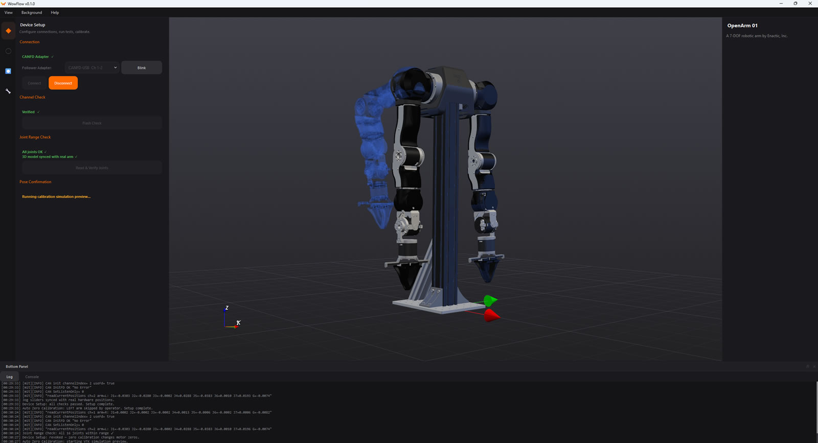 WowFlow main interface — 3D robot visualization and control panel