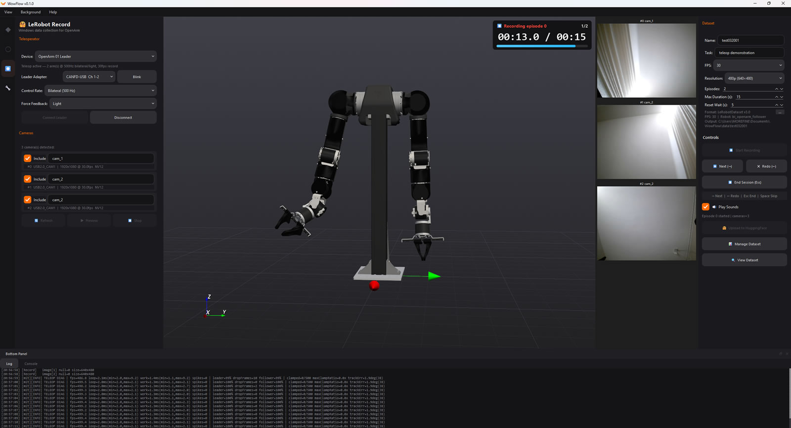 WowFlow recording workflow — multi-camera view and LeRobot Record